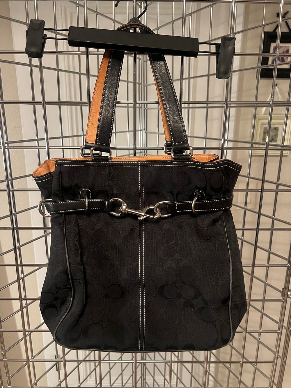 Coach Black Signature Canvas Shoulder Tote with Tan Trim